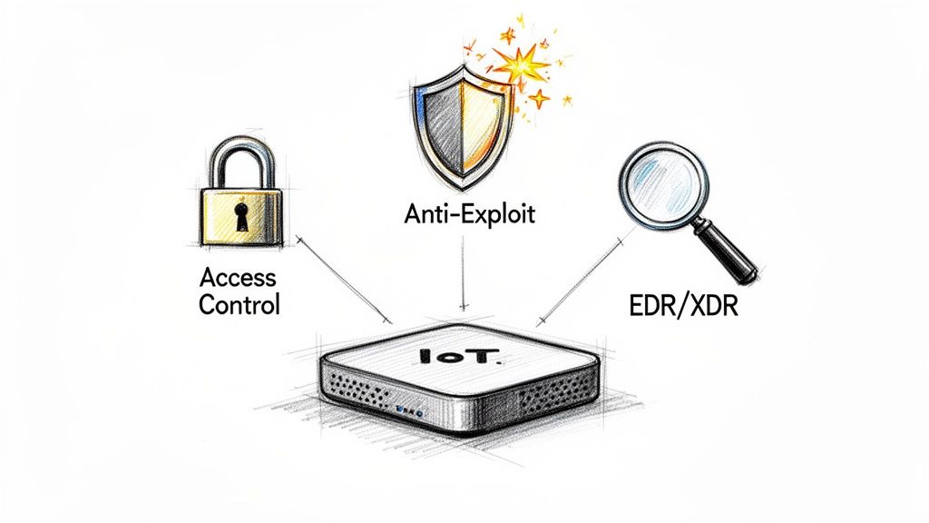 An IoT device is secured by Access Control, Anti-Exploit, and EDR/XDR solutions.