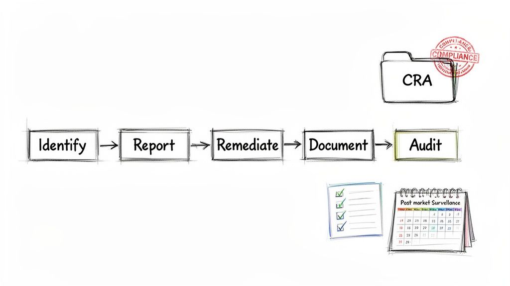 Diagram illustrating a compliance and audit process including identification, reporting, remediation, and post-market surveillance.