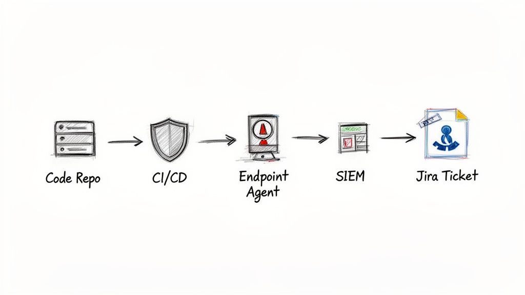 Security process flow: Code Repo to CI/CD, Endpoint Agent, SIEM, and Jira Ticket creation.