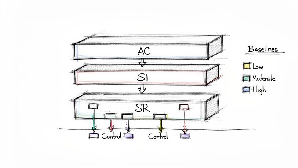 Diagram showing three layers AC, SI, SR, with security controls assigned different baseline impact levels.