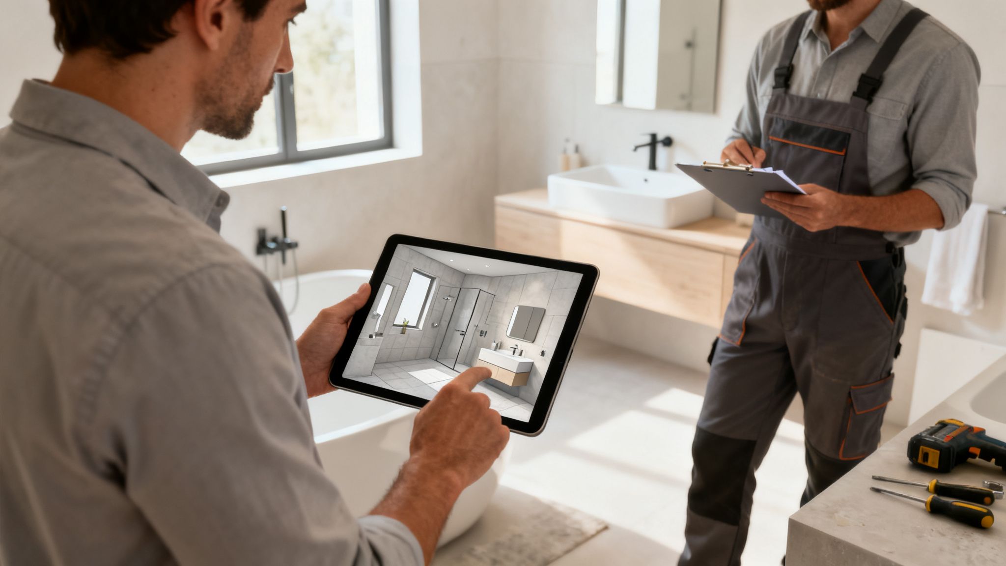 Hombre con tableta muestra diseño 3D de baño. Otro trabajador toma notas, planeando una renovación.