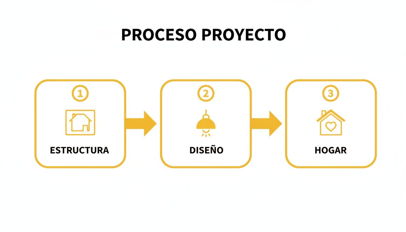 Diagrama de flujo que muestra el proceso de un proyecto, desde la estructura y el diseño hasta la creación de un hogar.