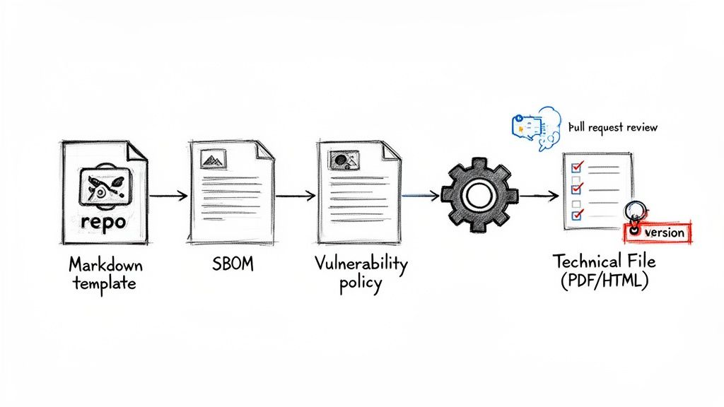 Workflow for generating technical files from a repository, including SBOM, vulnerability policy, and pull request review.