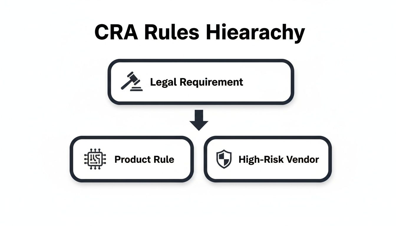 CRA Rules Hierarchy diagram showing legal requirements leading to product rules and high-risk vendors.