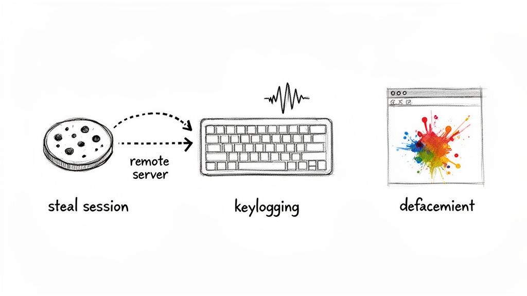 Cartoon diagram illustrating cyberattack methods: session hijacking (cookie), keylogging (keyboard), and website defacement.