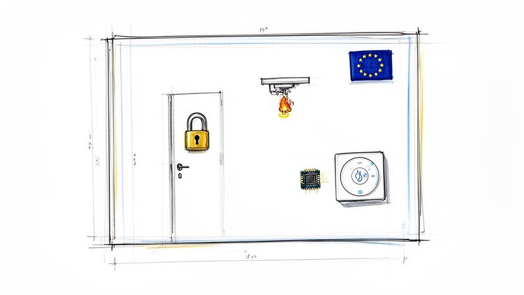 A conceptual sketch illustrates digital security and privacy controls: locked door, fire, microchip, and EU flag.