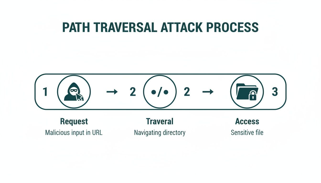 Diagram illustrating the three-step path traversal attack process: request, traversal, and access.