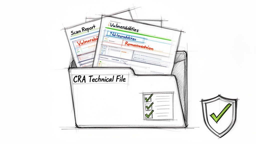 A CRA Technical File folder with scan reports, vulnerabilities, a completed checklist, and a security shield.