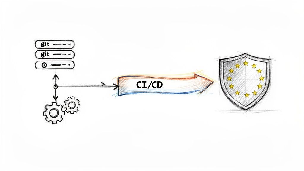Diagram showing Git repositories flowing through CI/CD to a European Union compliance shield.