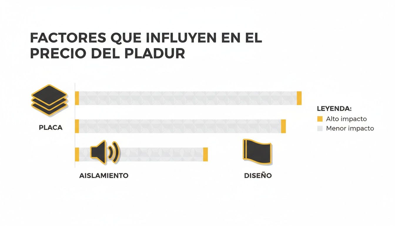 Infografía que muestra los factores clave que influyen en el precio del pladur: placa, aislamiento y diseño, indicando su nivel de impacto.