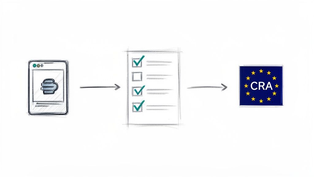 Diagram illustrating a secure device leading through a compliance checklist to EU CRA certification.