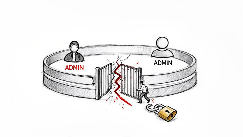 Illustration of a security breach: two admin icons, a broken gate, escaping person, and an unlocked padlock.