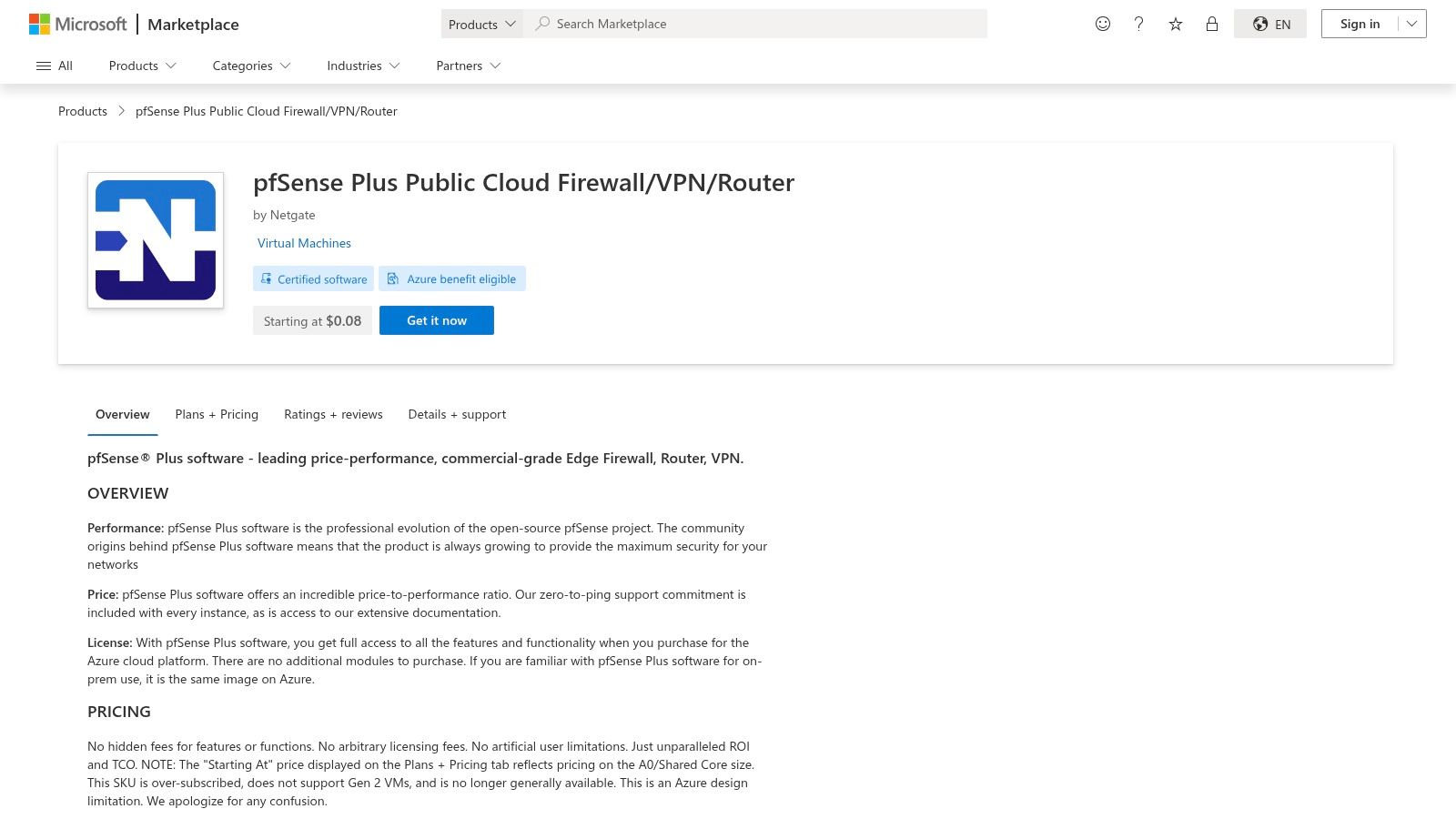 Microsoft Azure Marketplace – pfSense Plus