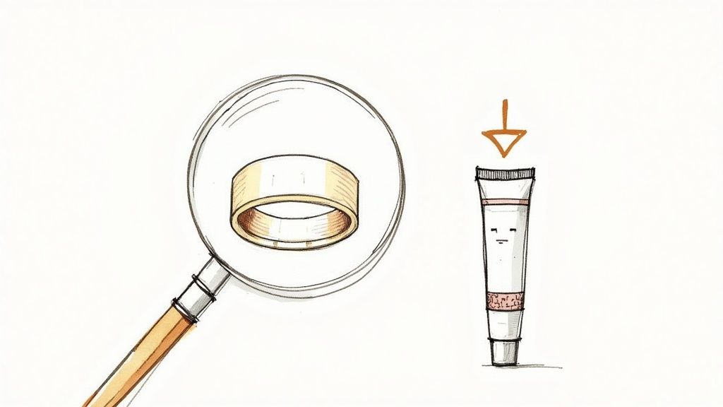 A close-up of a silver ring with detailed engraving being polished with a cloth.