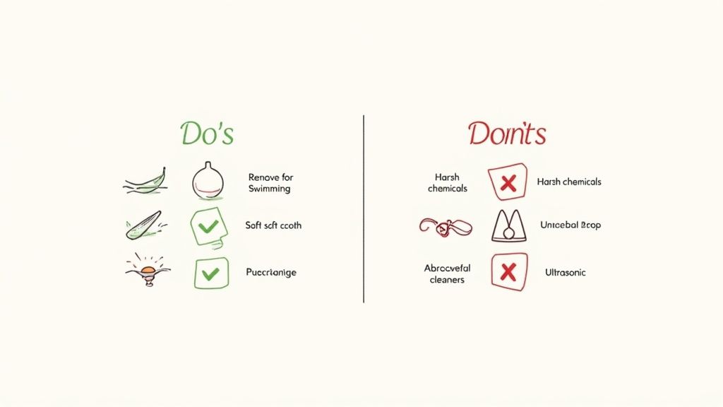 Do's and Don'ts guide for jewelry care, showing cleaning and handling instructions.