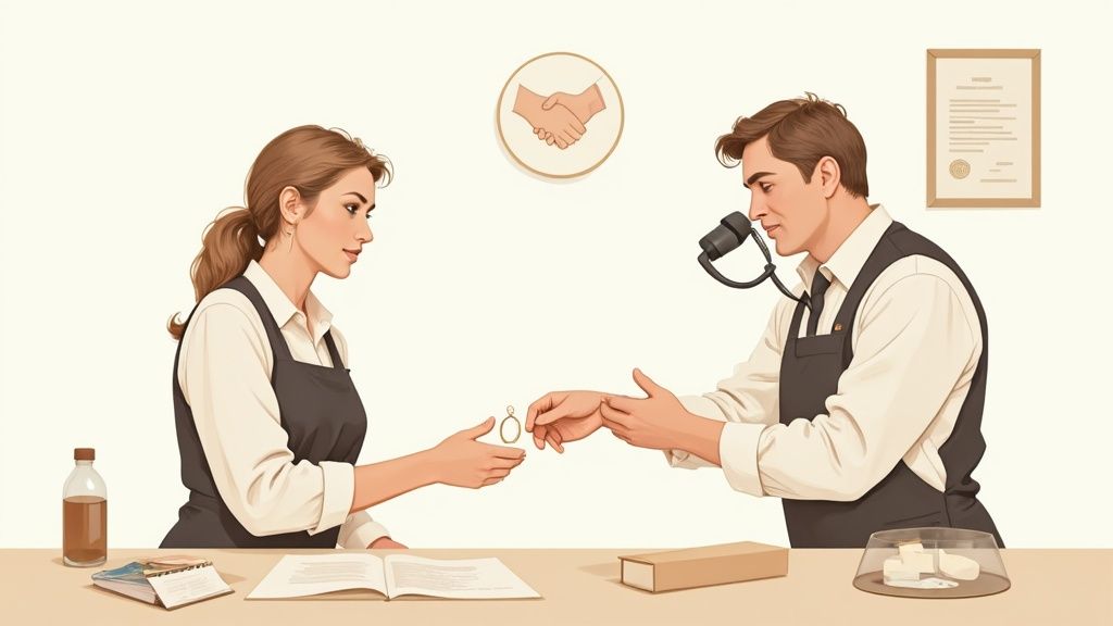 A female jeweler hands a gold engagement ring to a male jeweler wearing a specialized magnification tool.