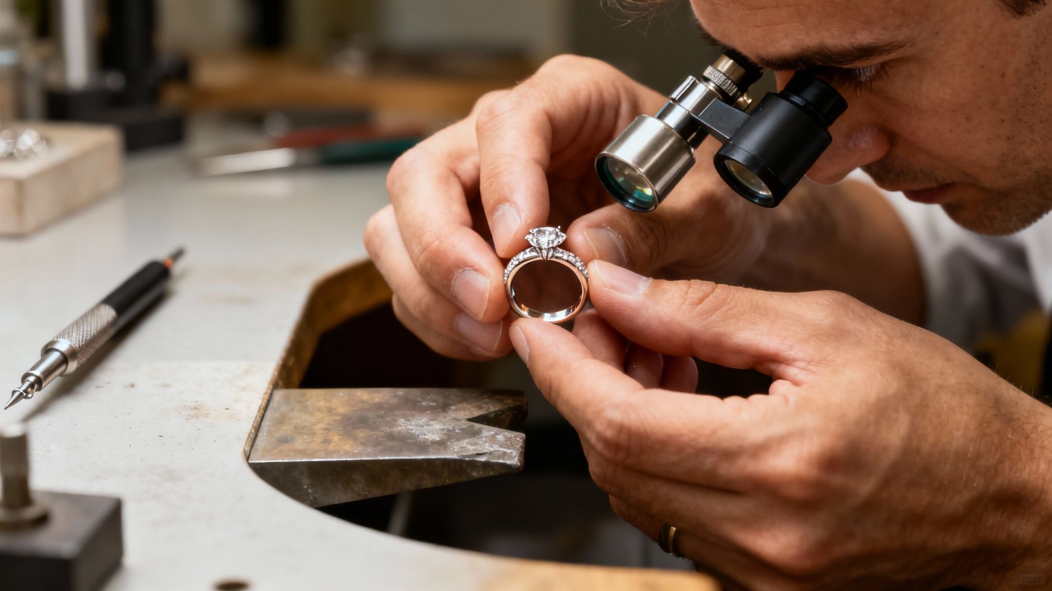 A jeweller carefully working on a ring at a workbench