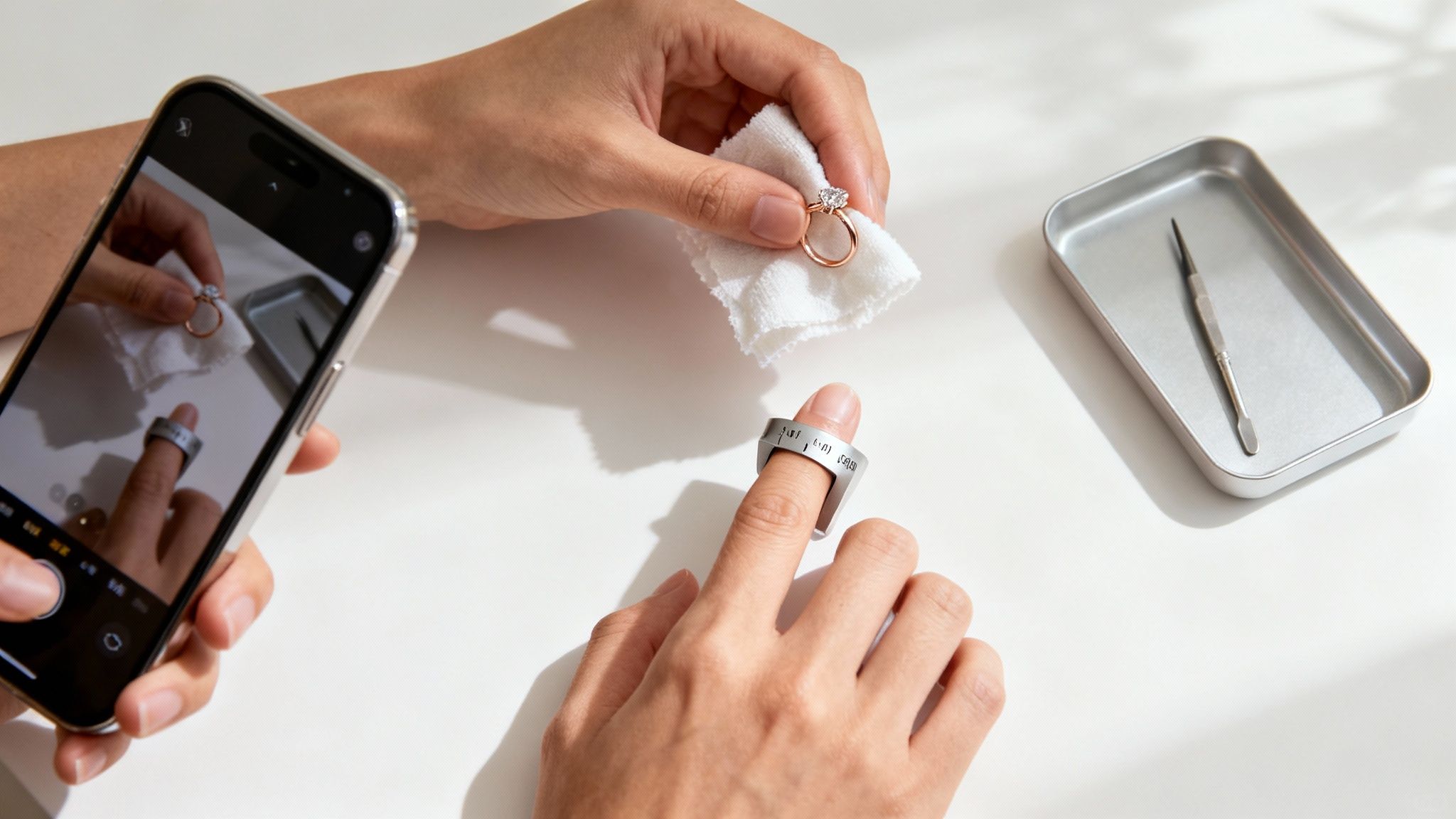 A sparkling clean ring held between two fingers, ready for inspection.
