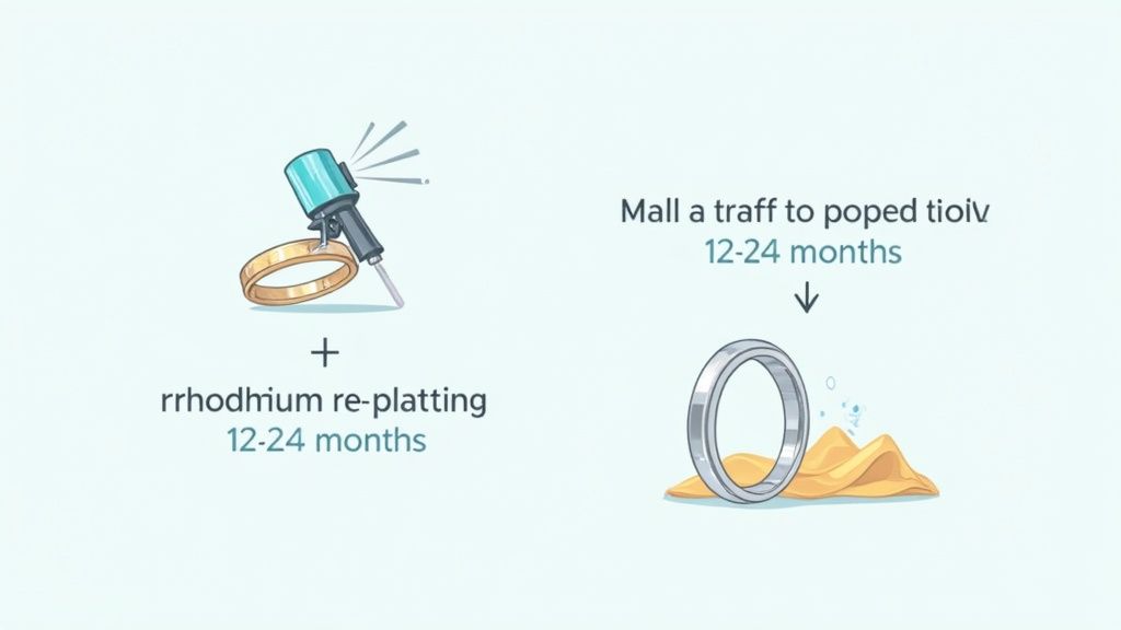 Rhodium re-plating process for white gold rings showing maintenance schedule of twelve to twenty-four months