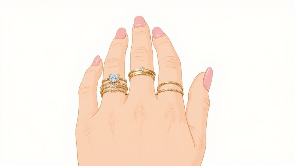 A hand with light pink nails wearing multiple stacked golden rings, including a prominent diamond ring.