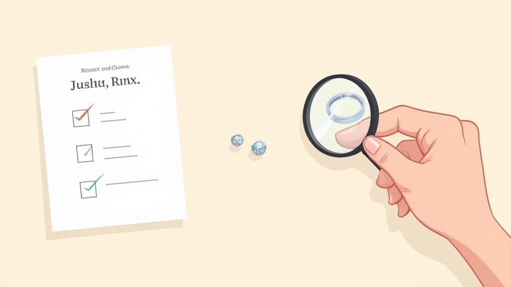 Hand holding magnifying glass examining wedding ring with checklist showing ring resizing options