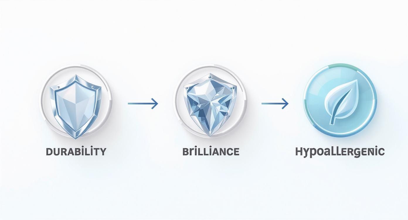 Infographic showing the benefits of rhodium plating including durability, brilliance, and hypoallergenic properties.