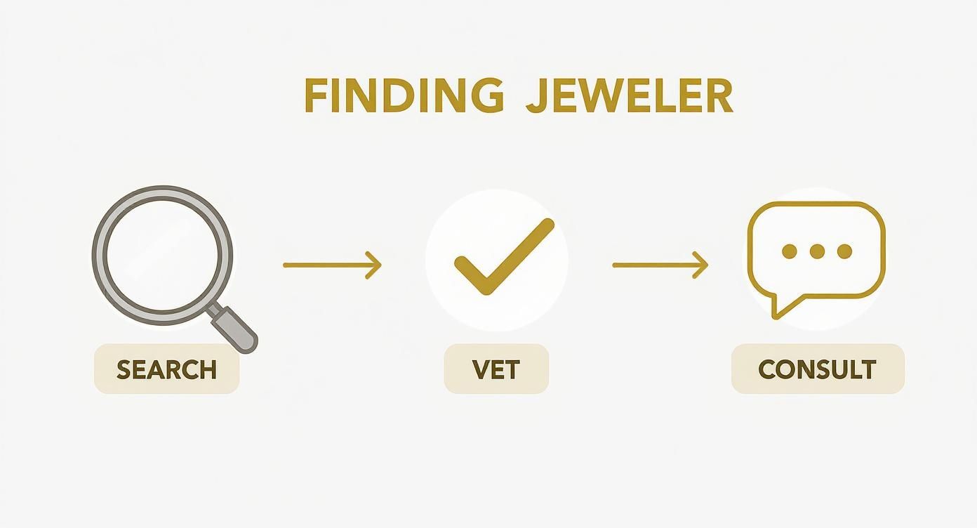 An infographic illustrating the process of finding a local jeweller from search to consultation.