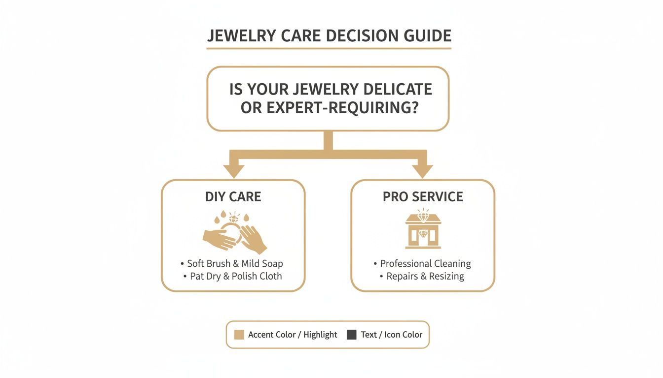 Decision guide for jewelry care, outlining DIY cleaning methods versus professional services for delicate or complex pieces.