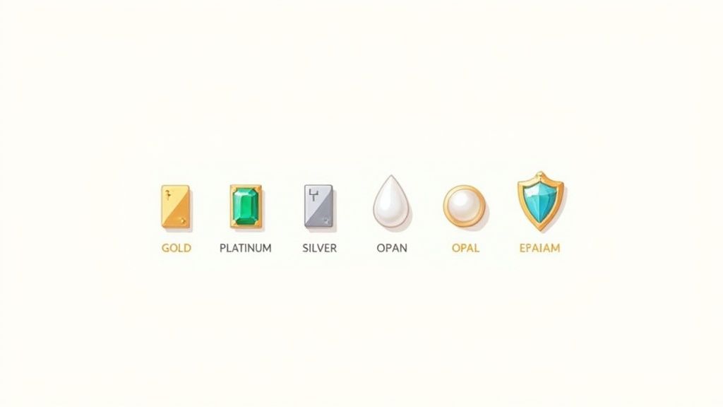 Stylized icons depicting gold, platinum, silver, a white teardrop, an opal, and a blue shield.