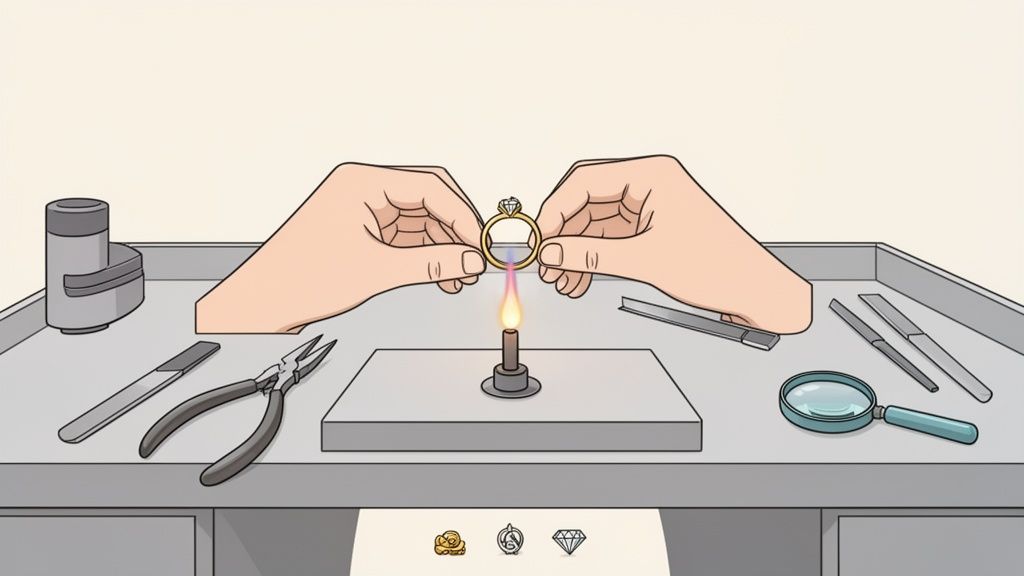 Jeweler's hands holding a diamond ring over a flame, with tools on a workbench.