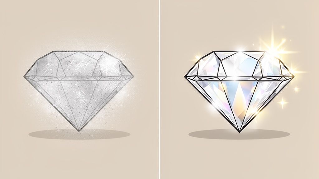 Two diamonds side by side; the left is dull and textured, the right is bright and sparkling.