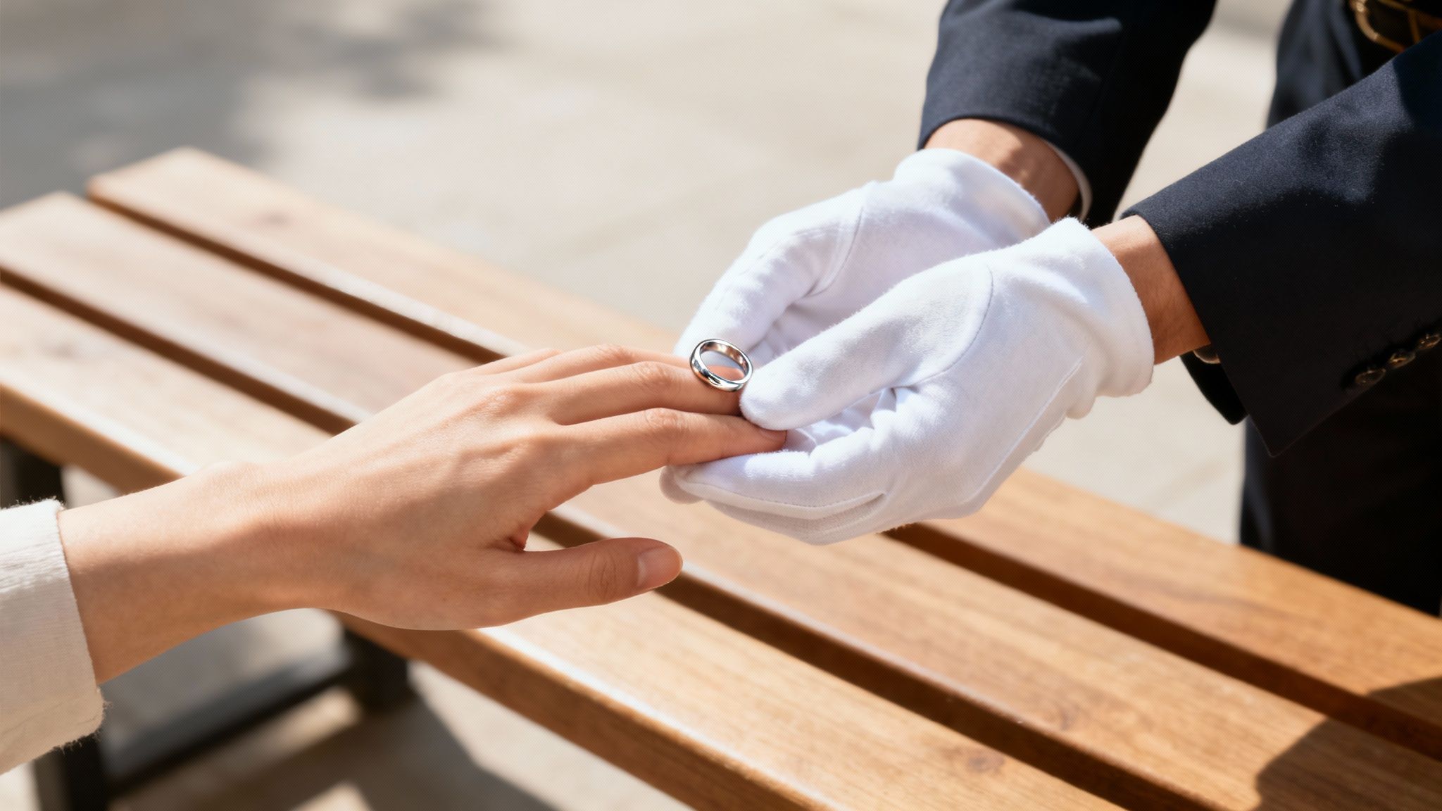 A jeweller inspecting a customer's ring at a service counter.
