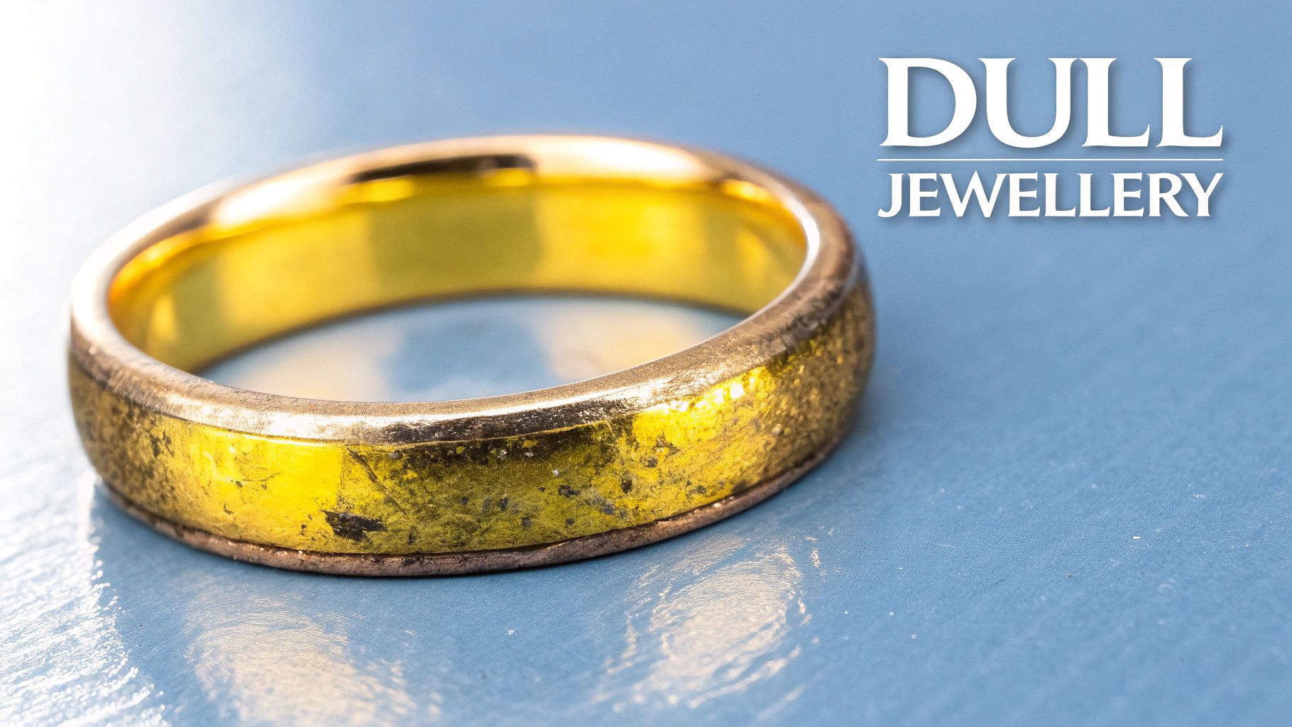 A collection of dull gold rings and bracelets on a dark surface, showing a loss of shine.