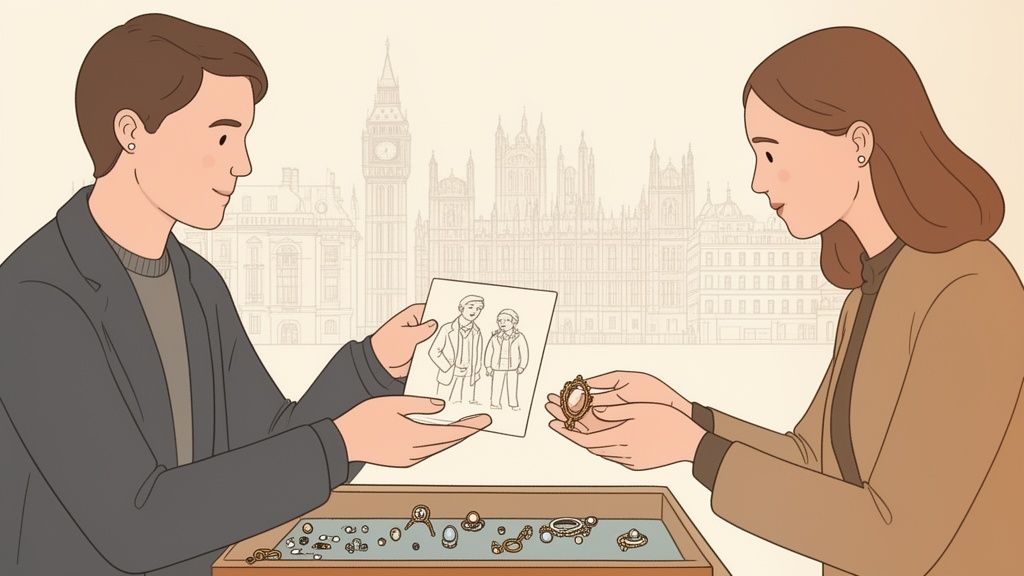 A man and woman discuss custom jewelry design, holding a sketch and a locket, with London landmarks.