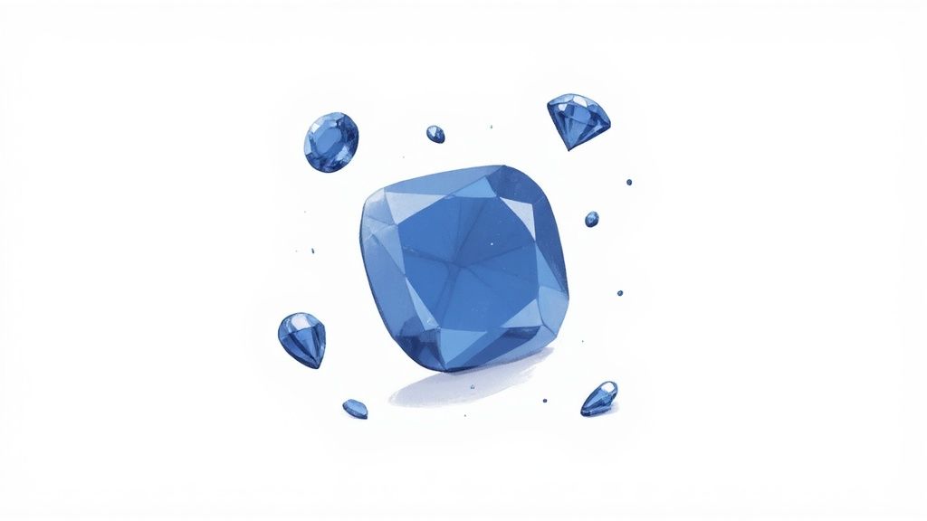 A large cushion-cut blue sapphire gem surrounded by smaller faceted blue sapphires on a white background.