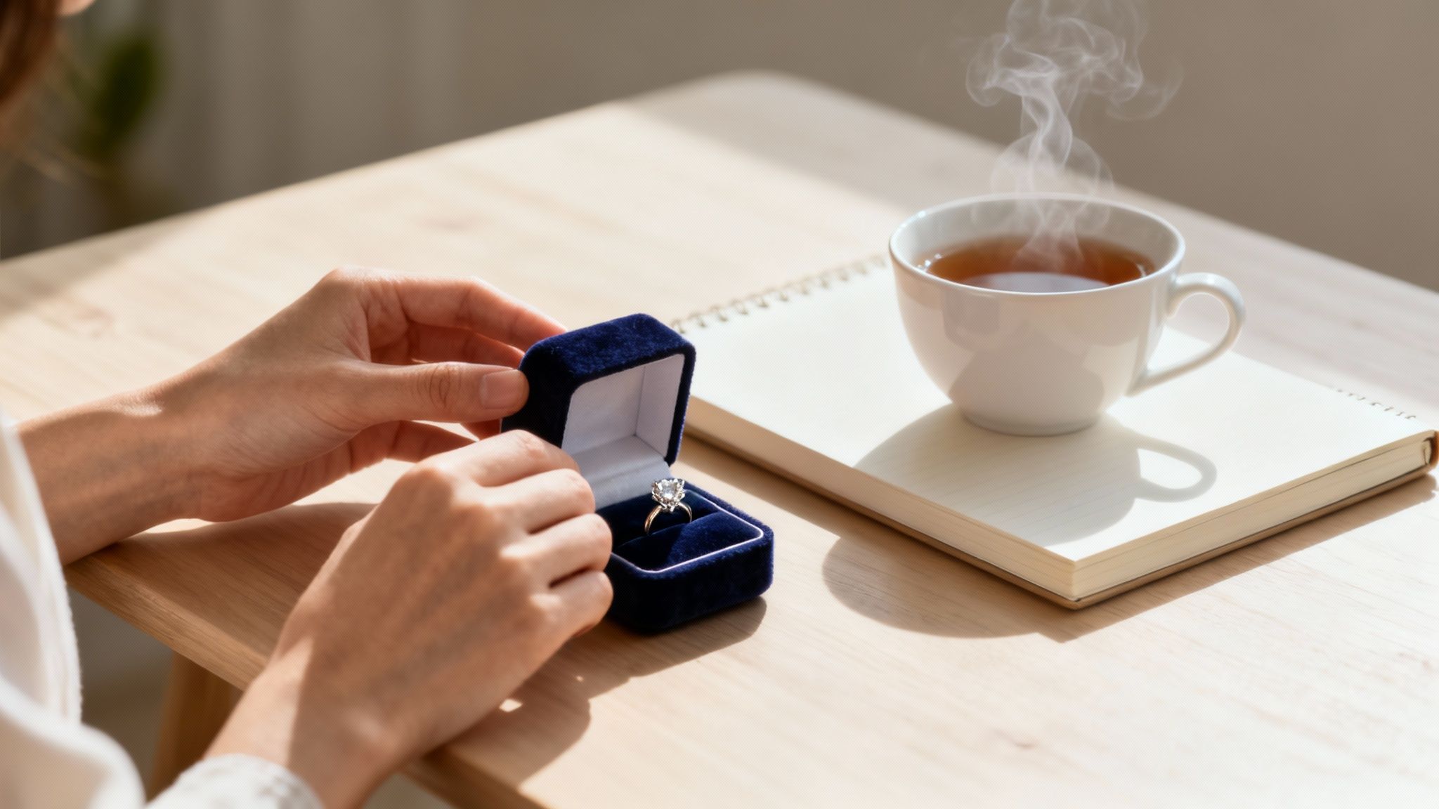 A close-up of a sparkling diamond engagement ring in its box, ready for a proposal.