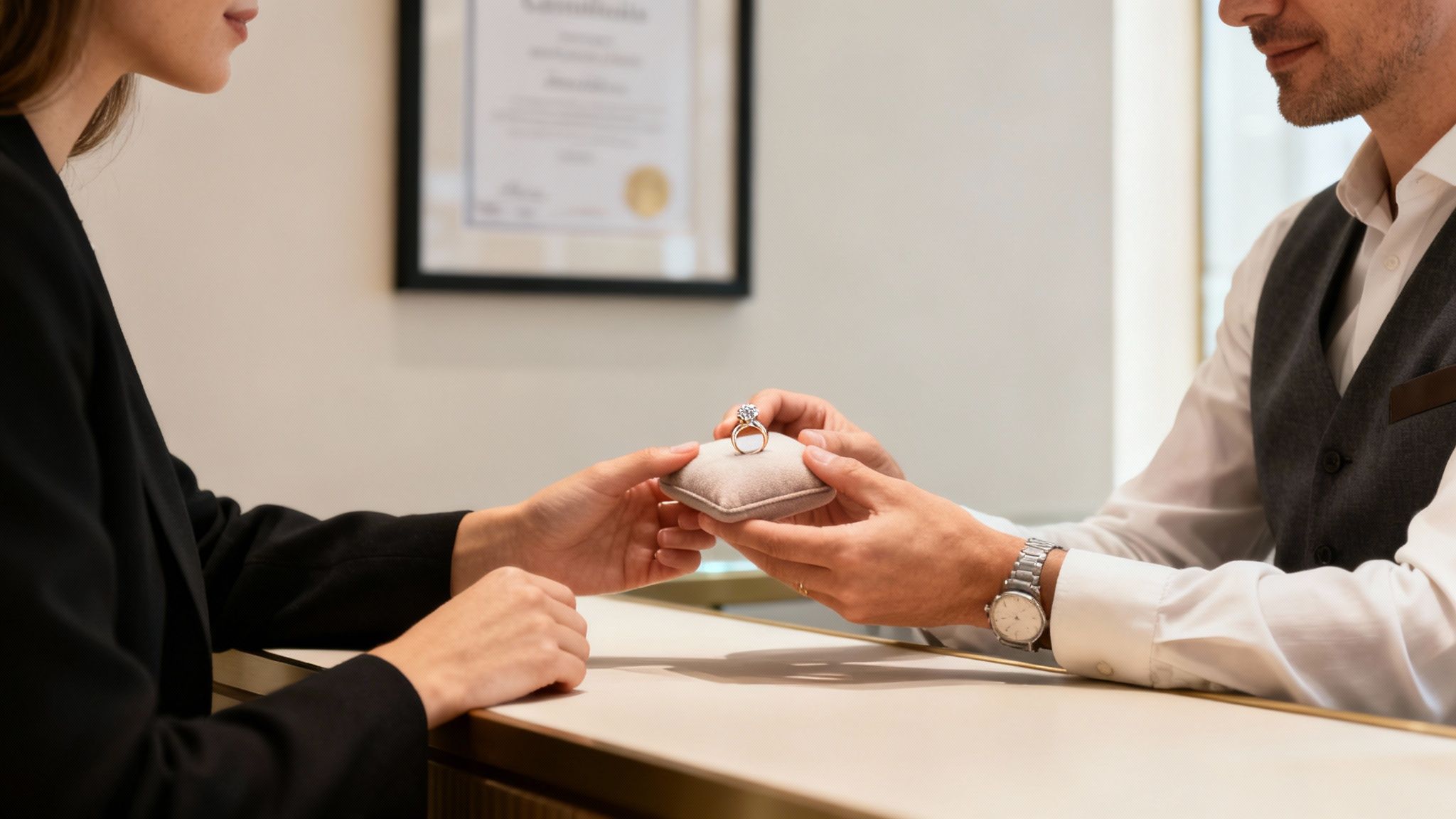 A jeweller examining a ring closely with a loupe