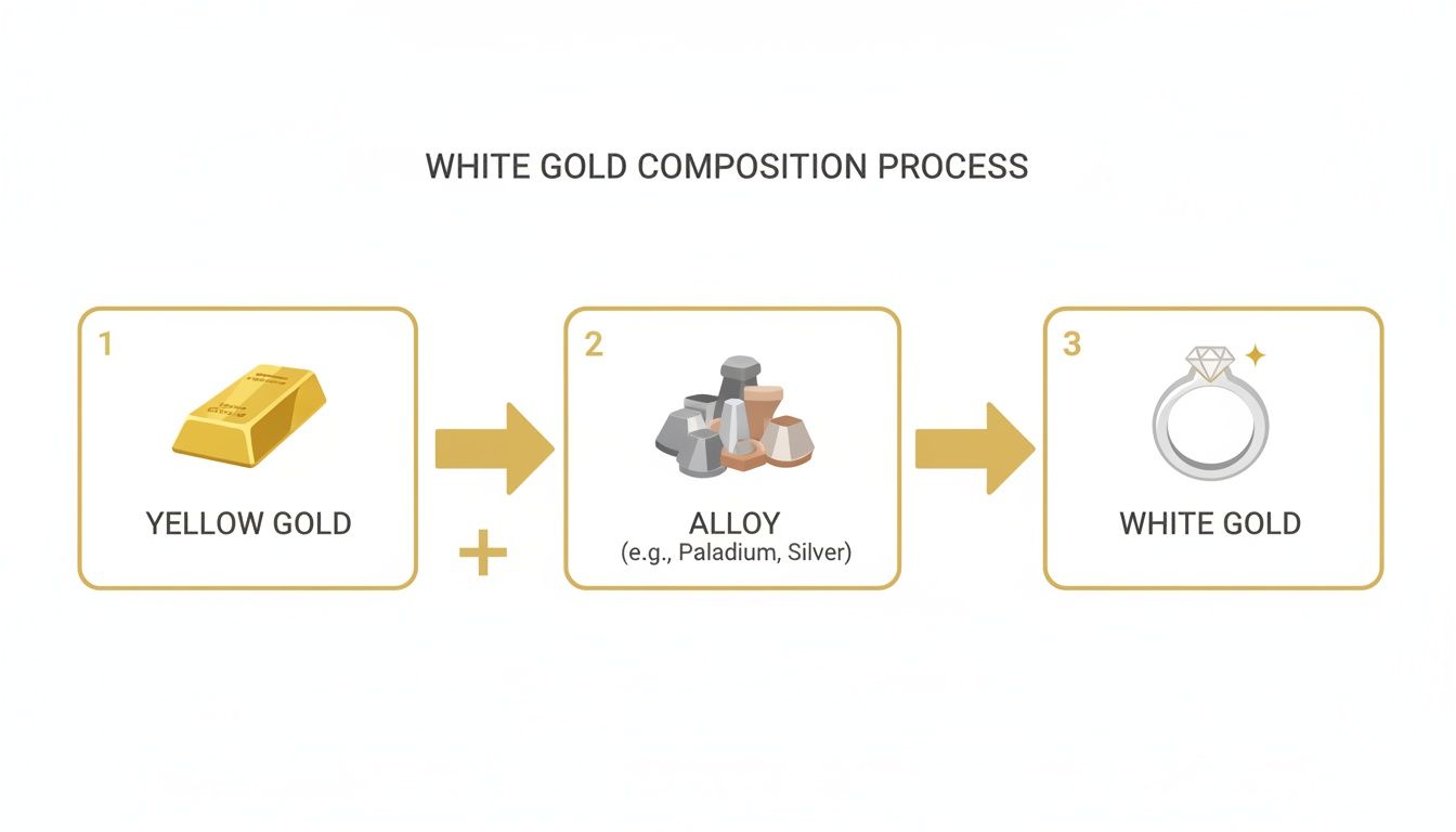 Process diagram showing how yellow gold is combined with alloys like palladium and silver to create white gold jewelry.