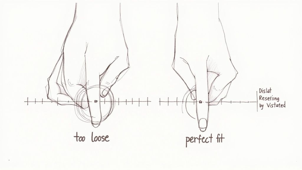 A close-up shot of a jeweller using a ring sizer to measure a customer's finger for a perfect fit.
