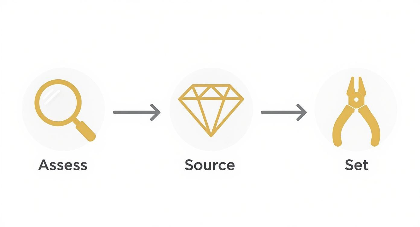 A graphic illustrating the 'Assess, Source, Set' process for diamonds, showing a magnifying glass, a diamond, and pliers.