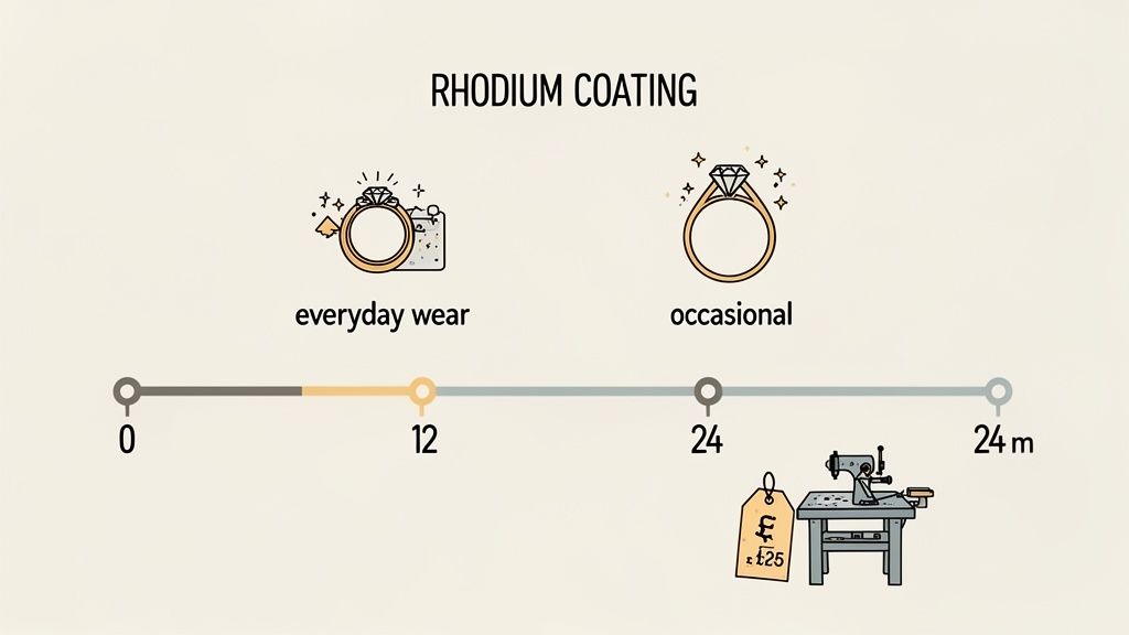 Infographic showing rhodium coating maintenance for rings, detailing wear frequency, a 24-month timeline, and a £25 cost.
