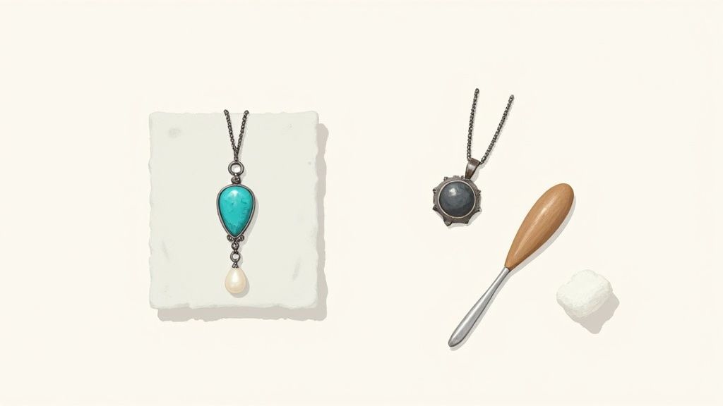 Two silver necklaces with turquoise, pearl, and a dark stone, alongside a small tool and sugar cube.