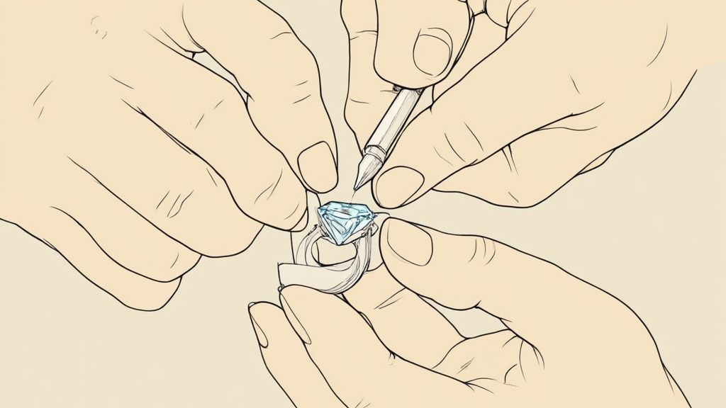 An illustration of a jeweler's hands precisely setting a diamond into a ring with a tool.