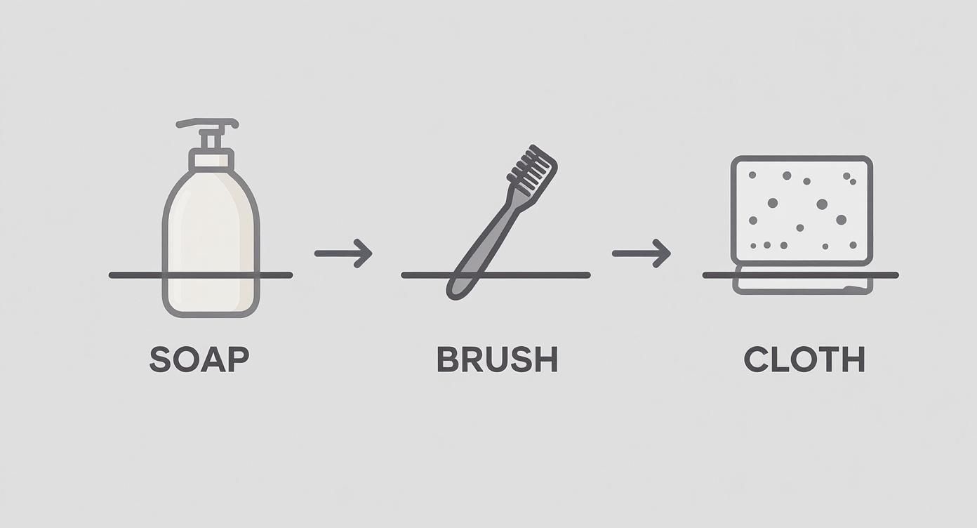 An infographic showing three steps for cleaning: soap bottle, brush, and cloth with arrows.