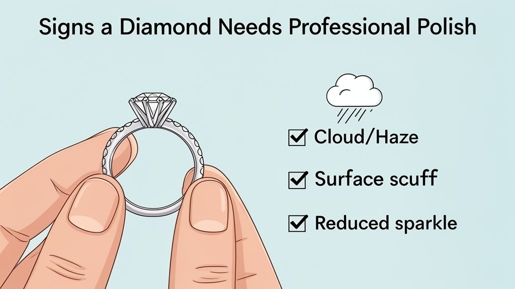 An illustration of hands holding a diamond ring, listing signs it needs professional polish: cloud/haze, surface scuff, and reduced sparkle.