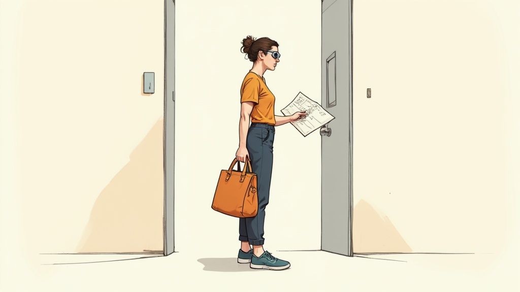 A cartoon woman in sunglasses stands in a doorway, holding a document and an orange bag.