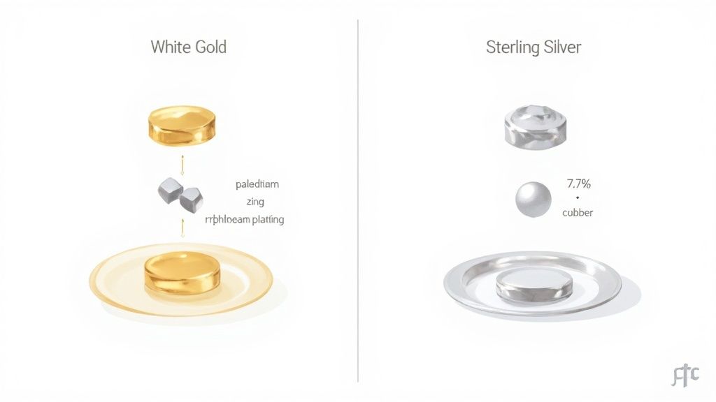 Visual comparison showing white gold alloy composition with palladium and zinc versus sterling silver with copper