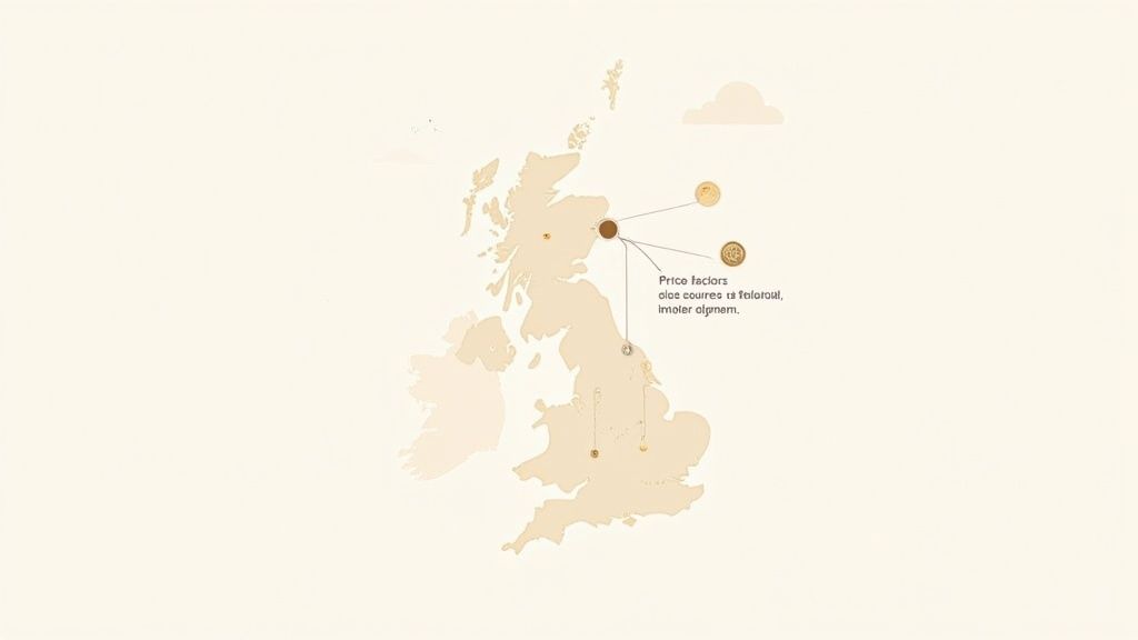 A stylized, light brown map of the United Kingdom with markers, lines, and placeholder text about price factors.