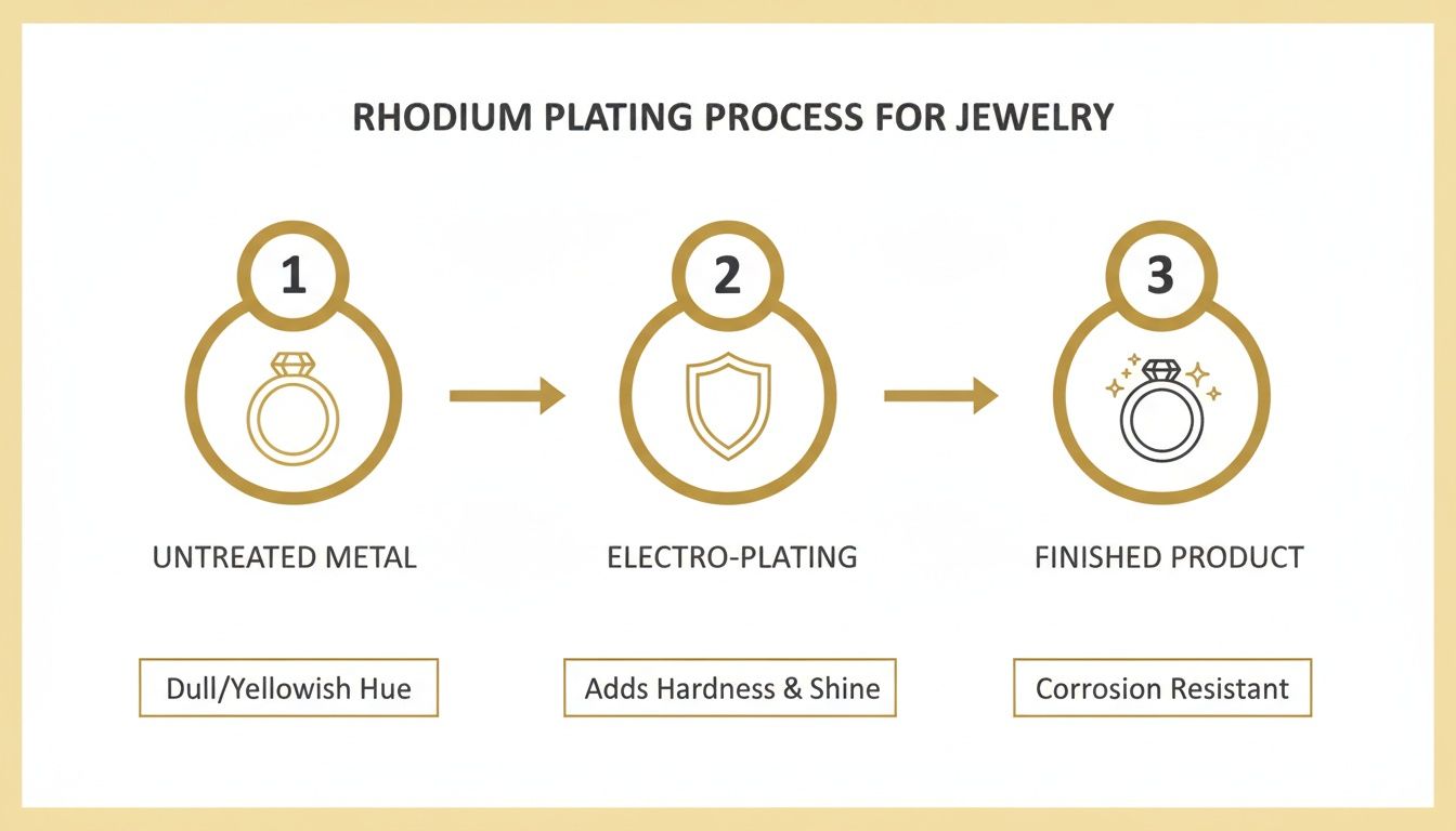 Infographic showing the three-step rhodium plating process for jewelry, from untreated metal to a finished, corrosion-resistant product.