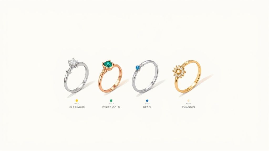 Four unique rings, including platinum, white gold, bezel-set, and channel-set styles, displayed on a white background.